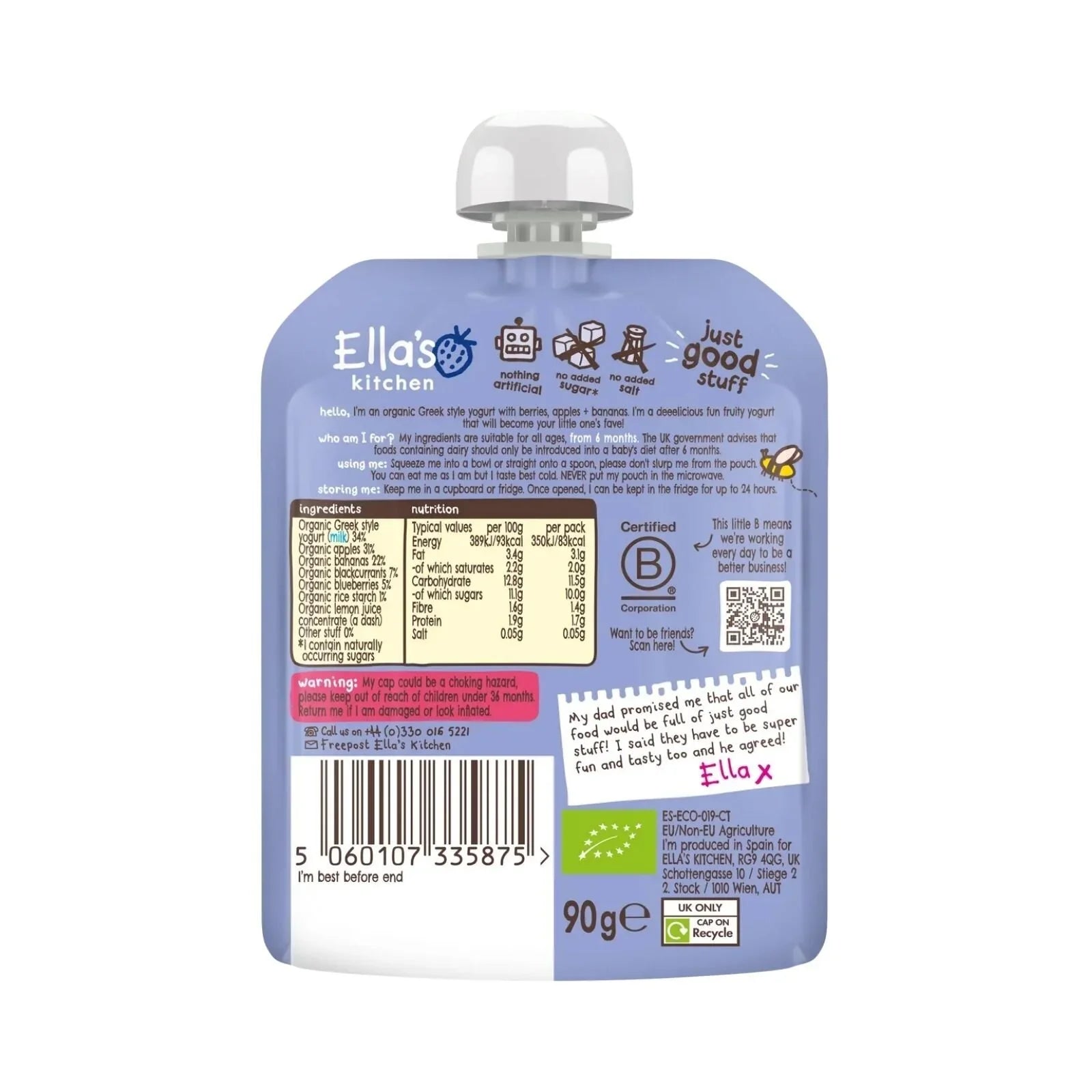 Ella's Kitchen Organic Berry Greek Style Yoghurt Baby Food Pouch 6+ months 90g