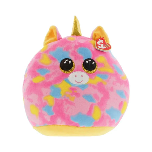 Ty unicorn plush toy in pink with multicolor spots, yellow horn, big eyes, small Ty tag