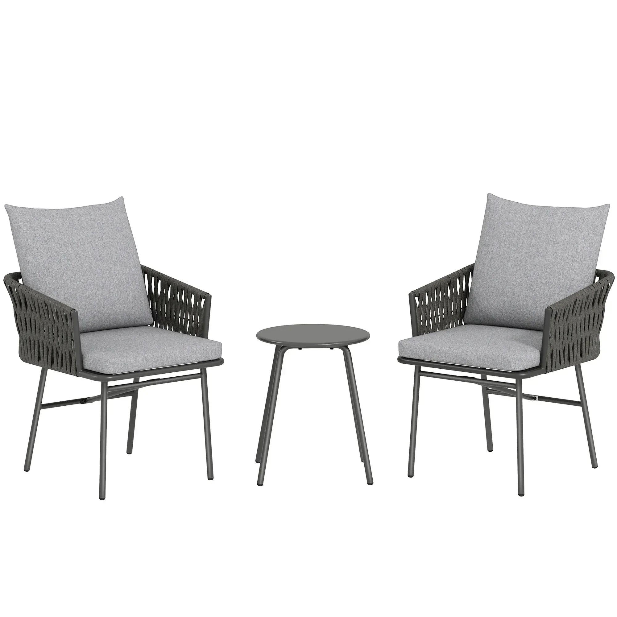 3-Piece Rattan Bistro Set, Garden Table and Chairs with 4 Cushions, Patio Rattan Conversation Furniture Set for Balcony, Porch, Terrace, Grey - Bobobiy