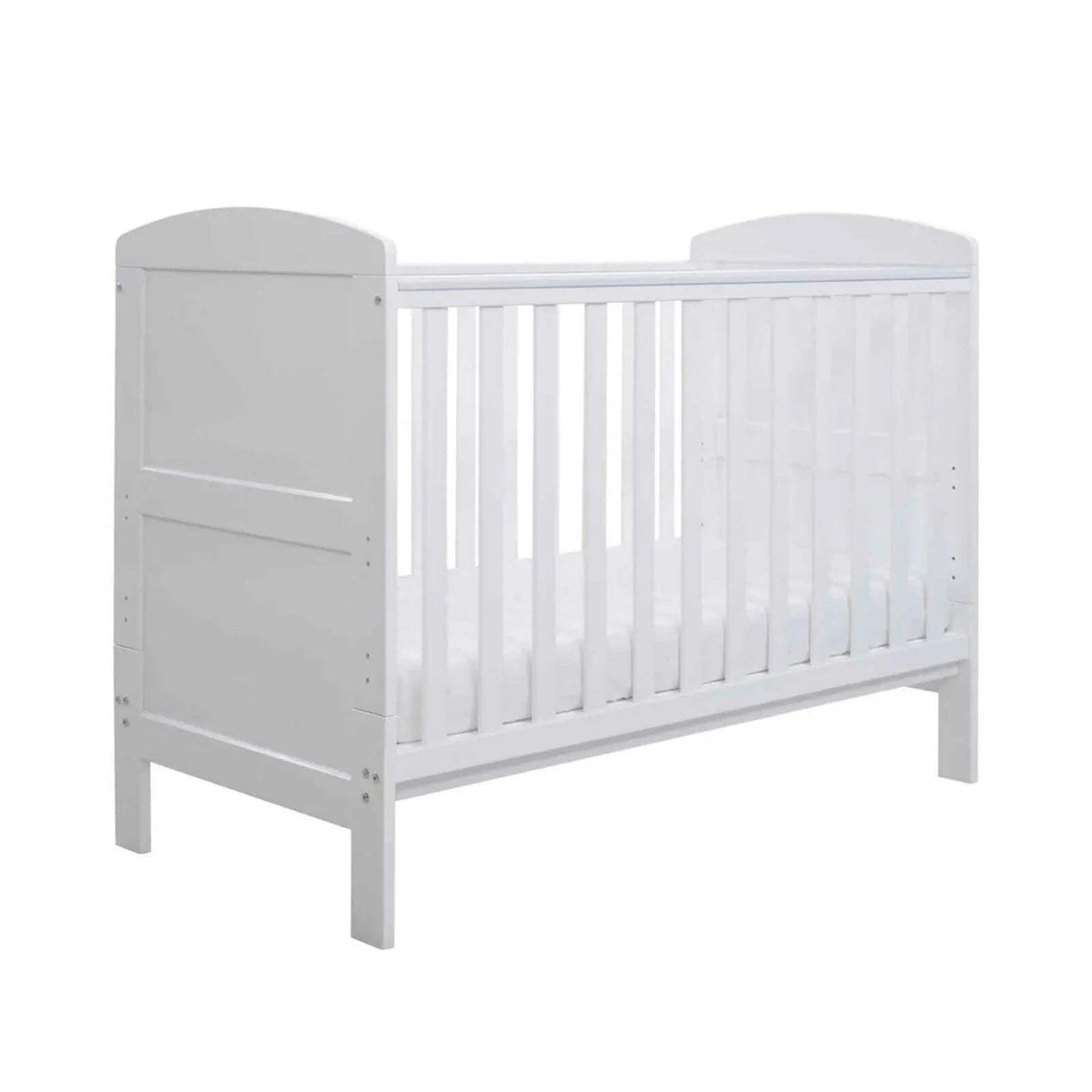White mini cot bed with slatted sides and panel ends, without mattress