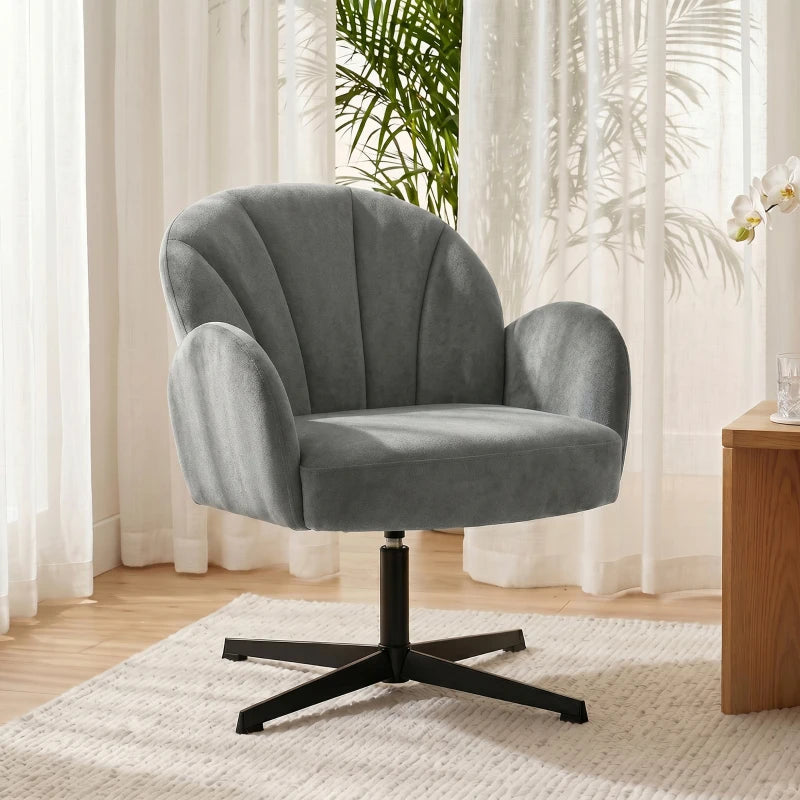 Grey shell-shaped swivel accent chair with curved arms and black metal pedestal base