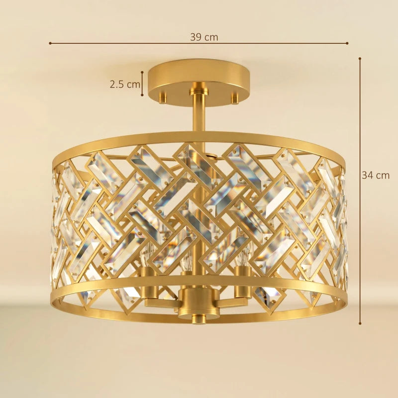 Gold-tone flush mount ceiling light with circular frame and crystal prism accents