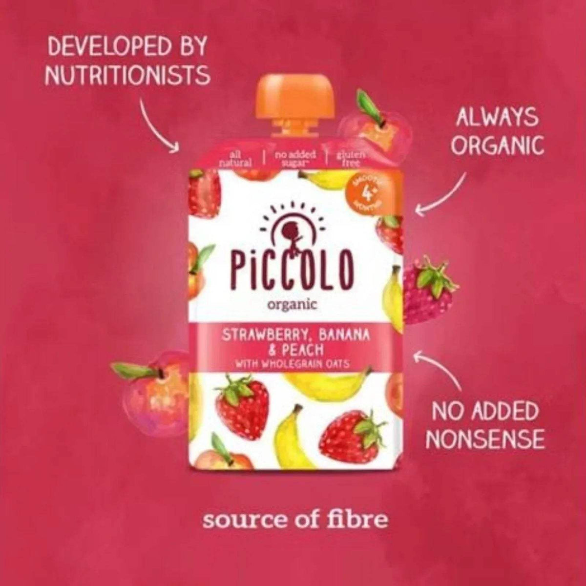 Organic strawberry banana and peach baby food pouch with 4+ months badge