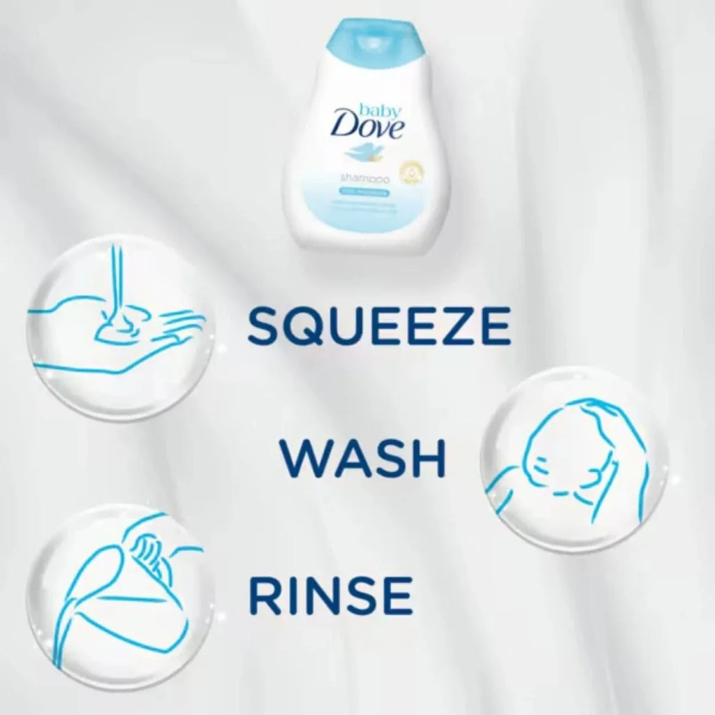 Baby Dove shampoo bottle above squeeze, wash, rinse instructions icons