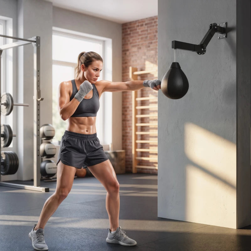Wall-mounted speed bag with black teardrop bag and coiled spring suspension