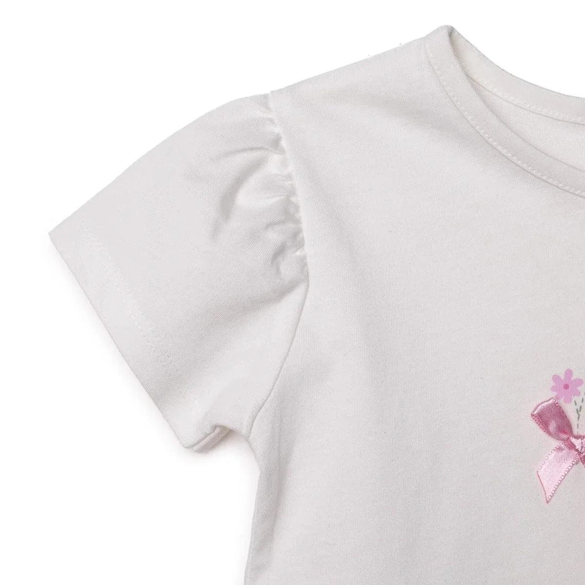 Ecru cotton baby short-sleeve blouse with ruched sleeve and partial pink appliques