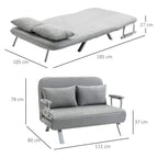 Light grey click-clack sofa bed laid flat with two cushions