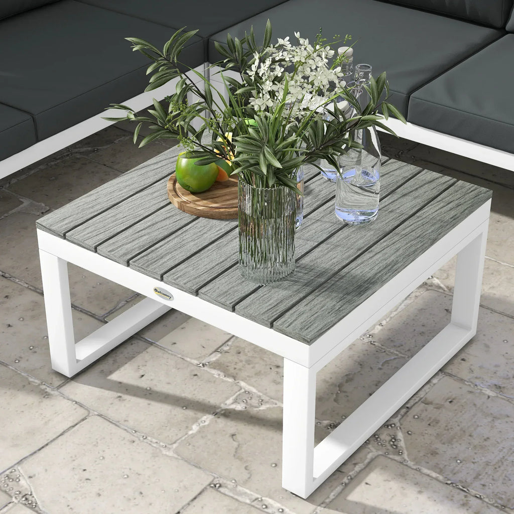 4 Pieces Garden Furniture Set, 5-Level Reclining Garden Corner Sofa Set, Outdoor Lounge Conversation Sectional with Cushions, Wood Effect Plastic Table, White Frame & Grey Cushion - Bobobiy