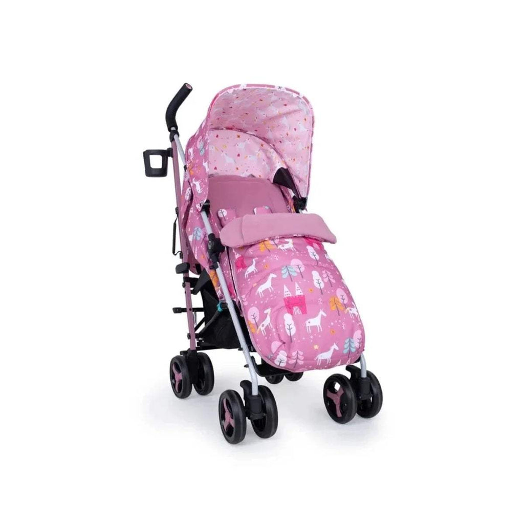 Pink unicorn print stroller with padded seat, harness, black frame and four wheels