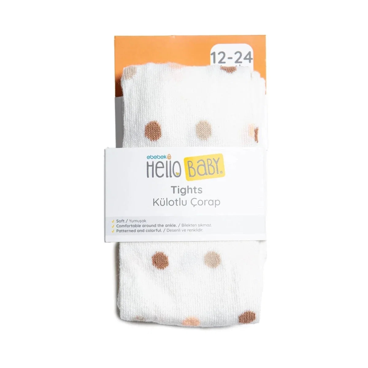 Girls polka dot tights shown on retail packaging with dot pattern