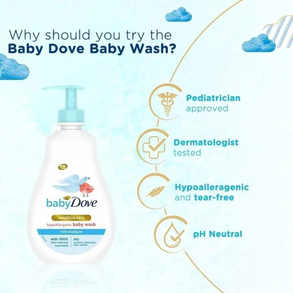 babyDove baby wash bottle with teal pump; pH neutral and dermatologist tested icons