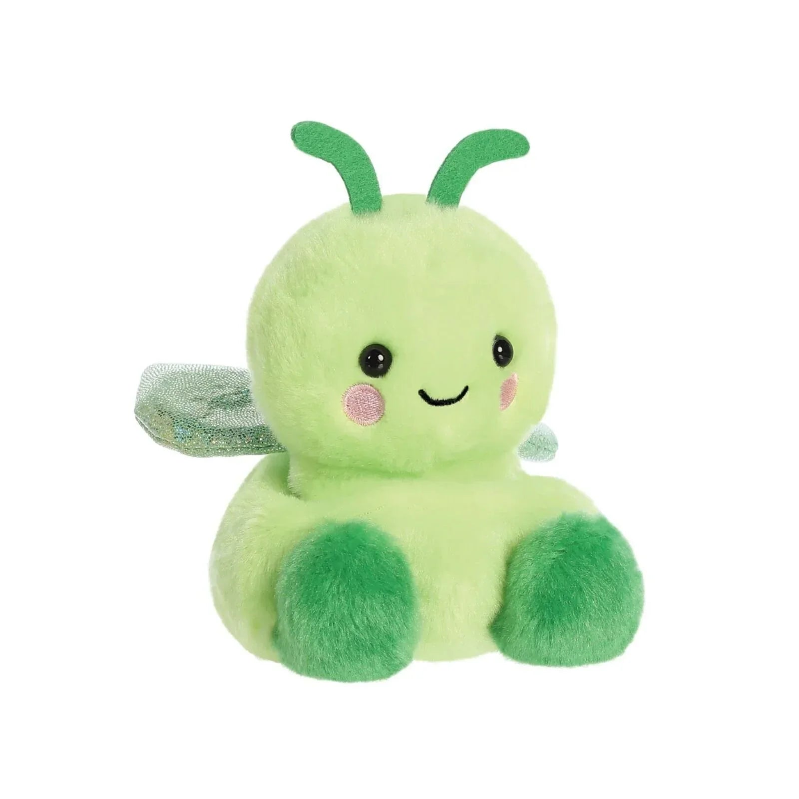 Green plush grasshopper soft toy with glittery wings and cute smile, seated pose.