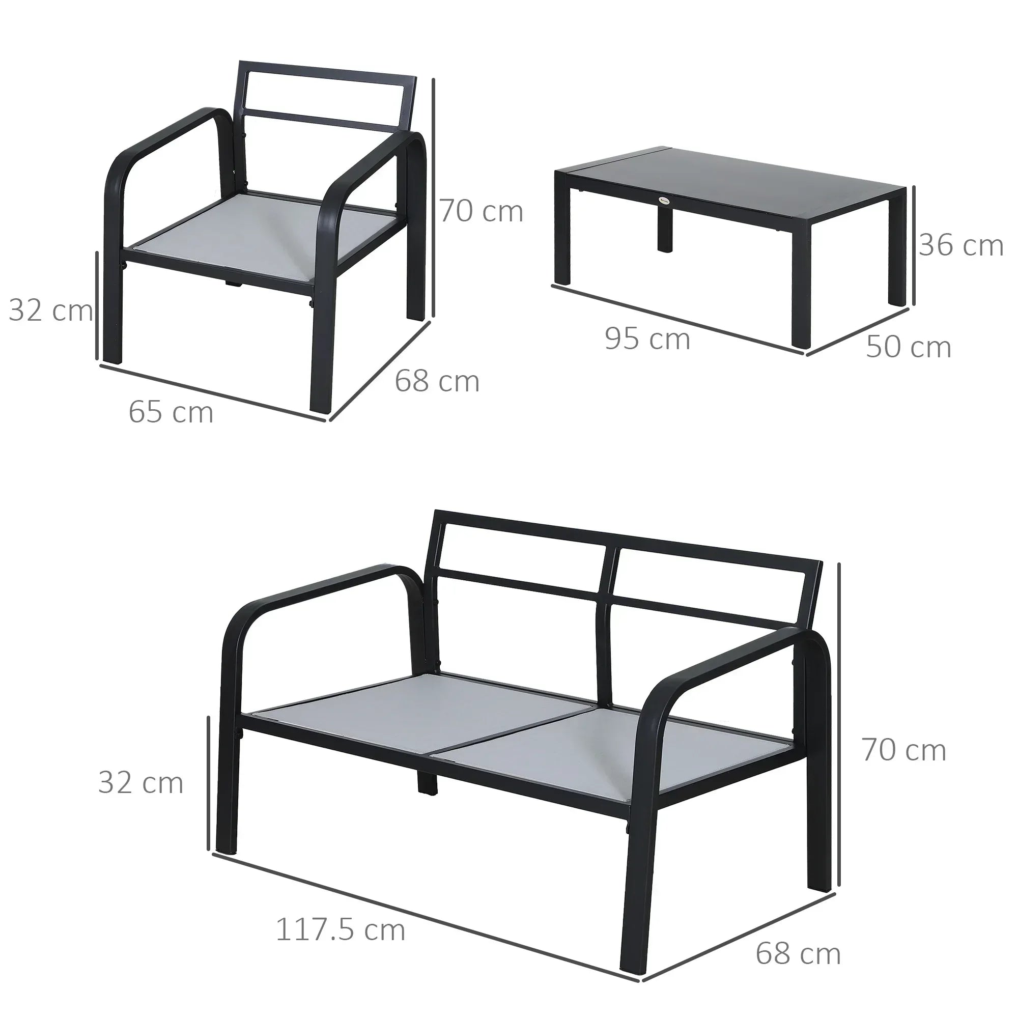 4pcs Garden Sofa Set 2 Single Armchair, 1 Bench & 1 Coffee Table Set Aluminum Frame Patio Furniture with Cushions, Black - Bobobiy