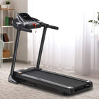 Black folding treadmill with LED console and running belt, standing ready for use