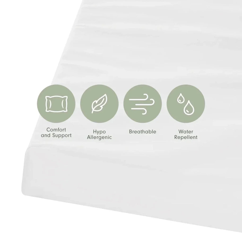 White cot mattress with breathable, hypoallergenic, comfort support and water-repellent features