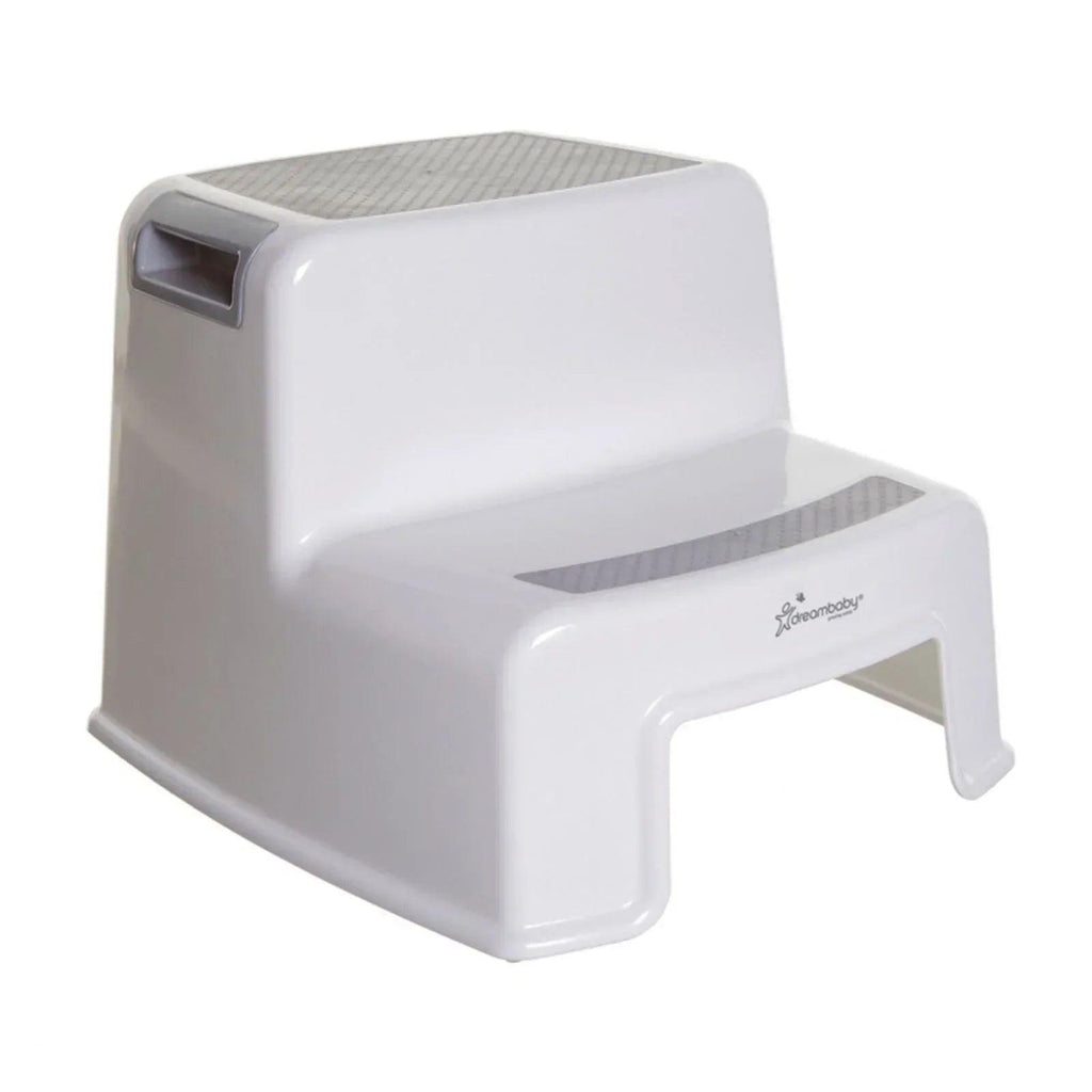White two-step step stool with textured top platform and handle cutout