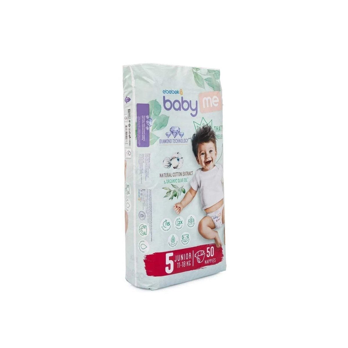 Baby me junior nappies pack, size 5, 50 count, side view with baby graphics