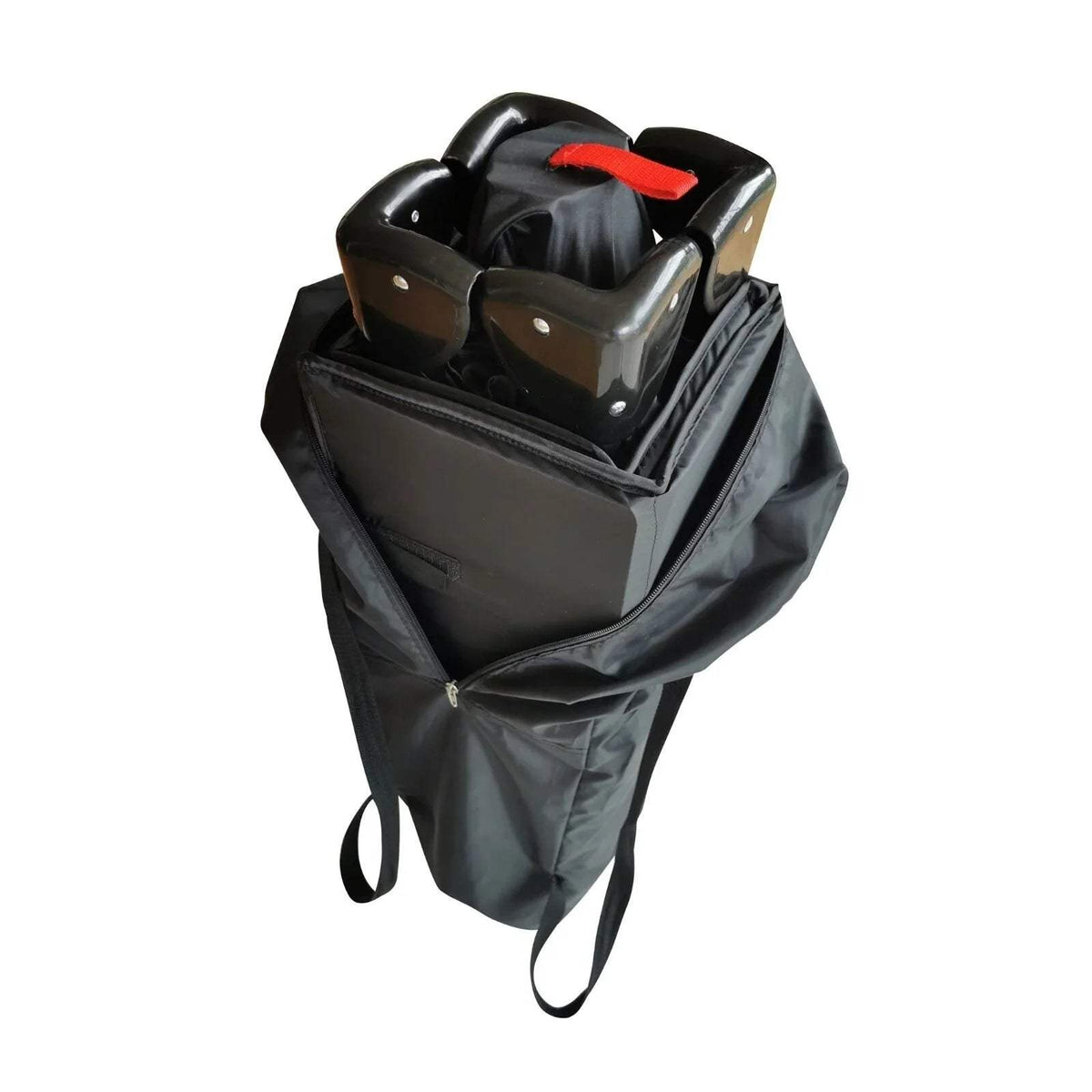 Black travel cot with attached organizer pocket and black carry handles