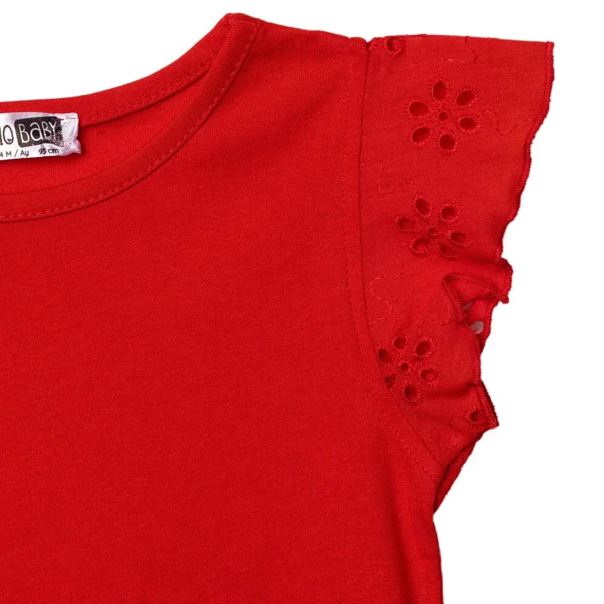 Red baby blouse with embroidered eyelet cap sleeve and curved side seam
