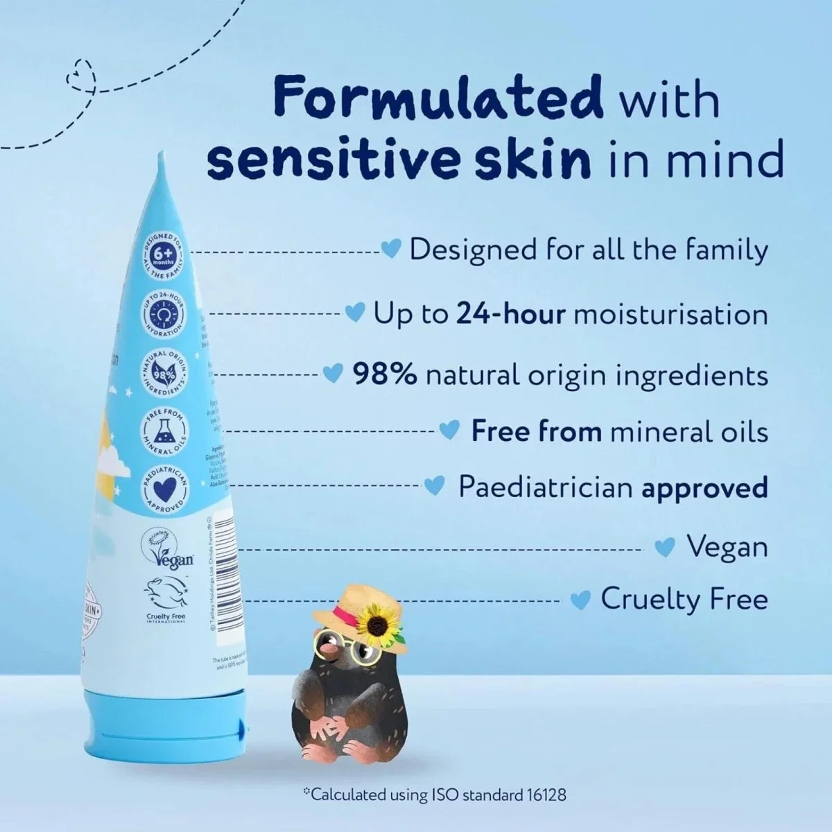 Childs Farm after sun lotion tube with sensitive-skin care claims on the label