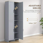 Grey pantry cabinet showing adjustable shelf pegs and open-door interior shelving