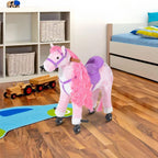 Pink plush ride-on horse toy with purple saddle, wooden handle, and four wheels