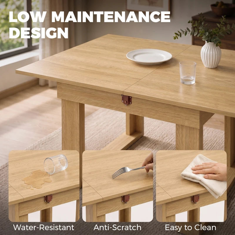 Low-maintenance oak-effect folding dining table with extendable tabletop and storage
