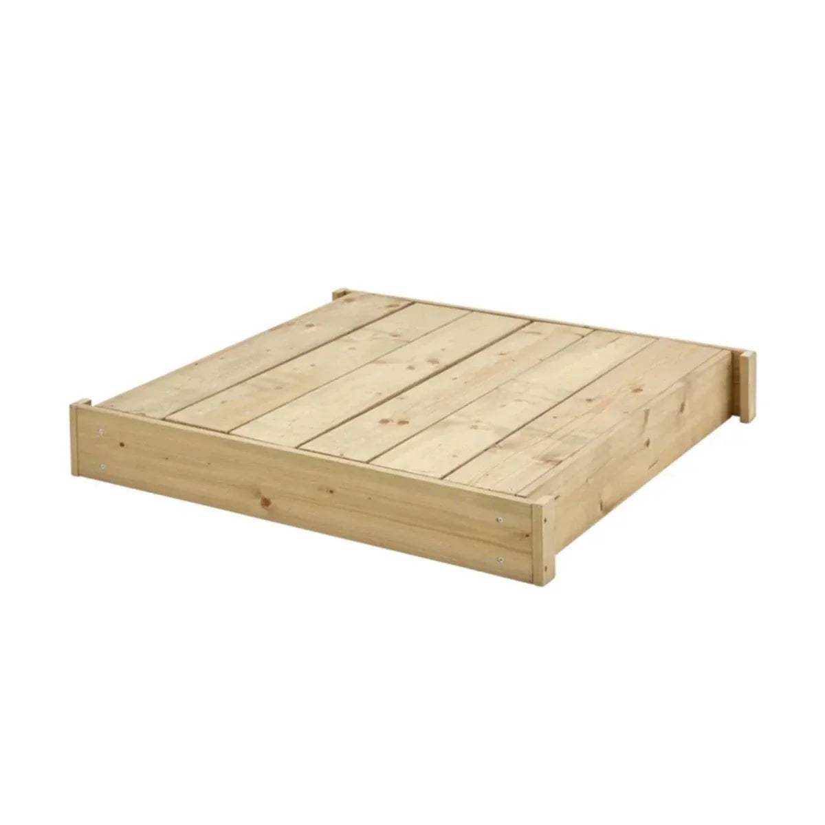 Wooden lidded sandpit with lid closed and visible wood slats