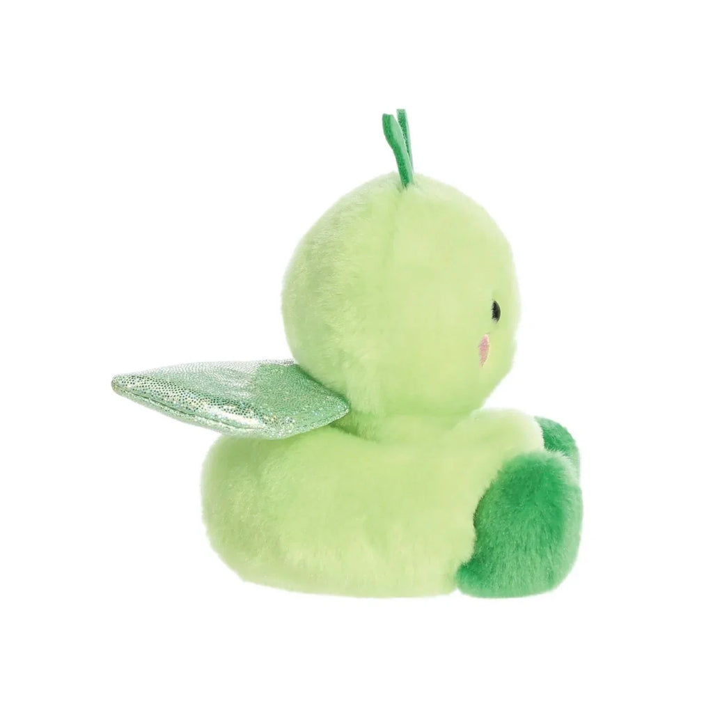 Green plush grasshopper soft toy lying with side profile and glittery wing detail.