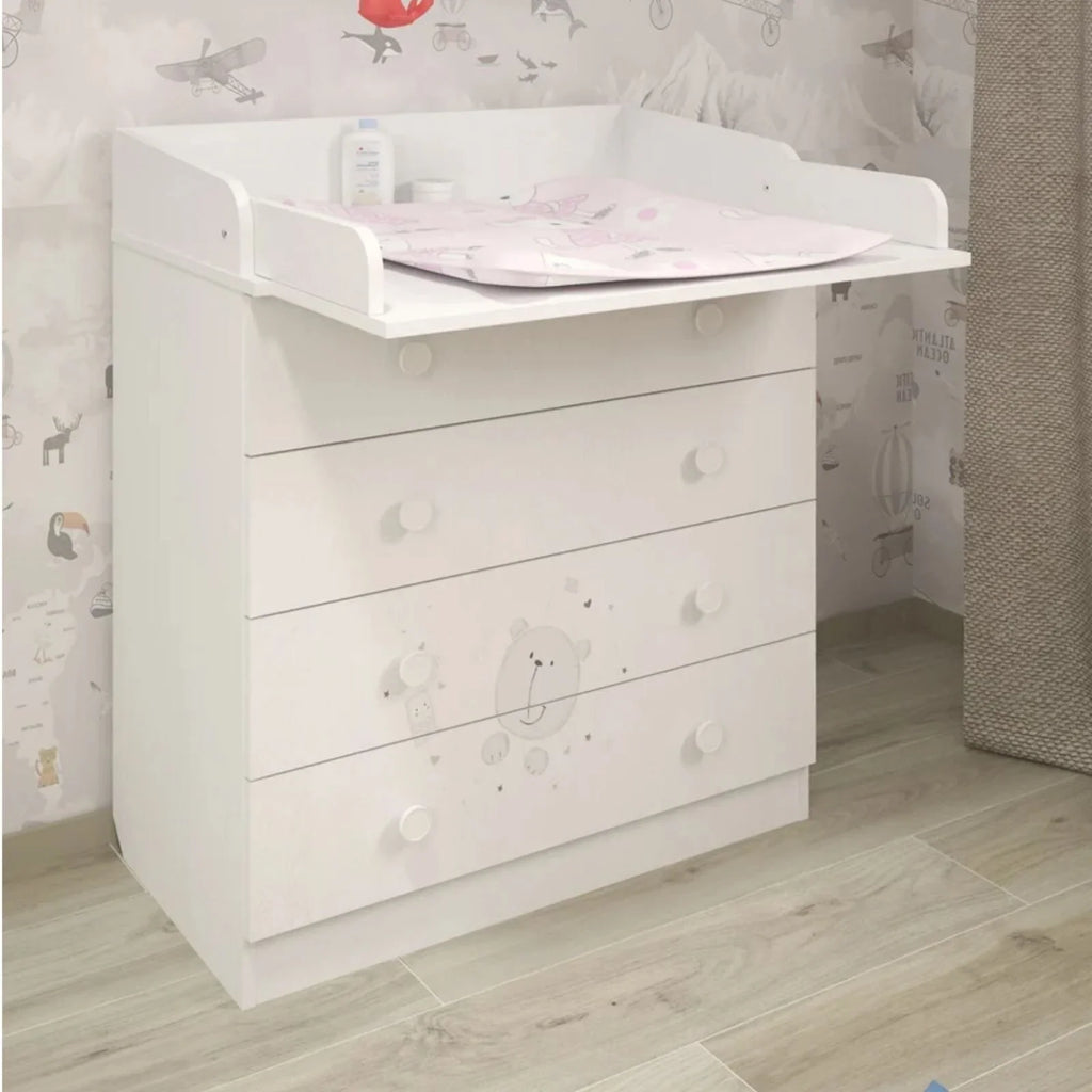 Kids white teddy changing dresser with flip-out changing top and 4 drawer fronts