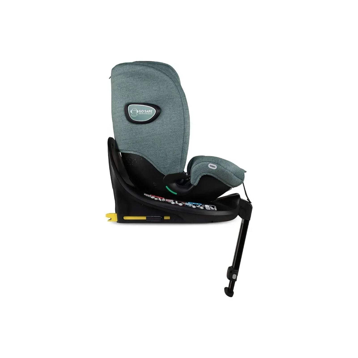 Meadow green car seat with padded headrest and harness, viewed from front angle