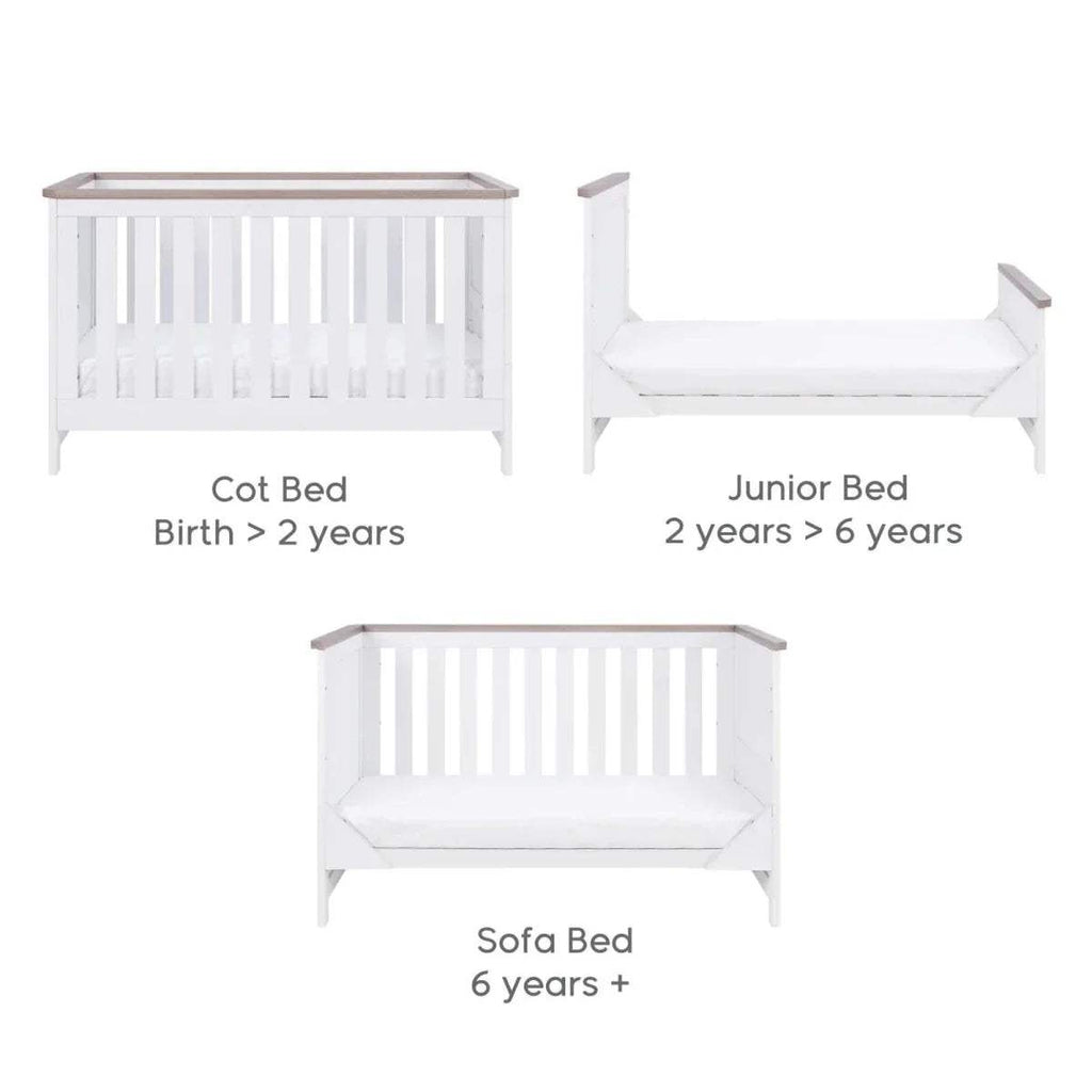 Convertible white cot bed with sofa bed and junior bed layout labels