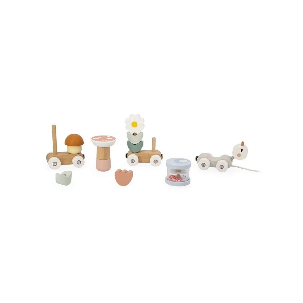Wooden snail train toy with stacked figures, spinning wheel, and pull string