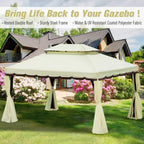 Cream double-roof garden gazebo with curtains set up on backyard lawn