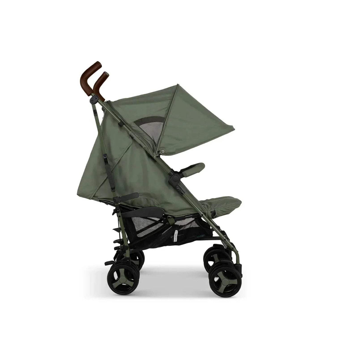 Cosatto Supa 3 stroller side view with mesh seat and dark brown handle