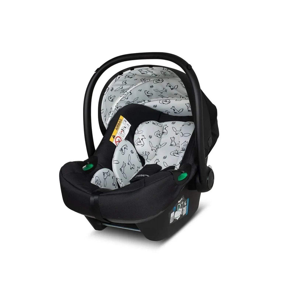 Black infant car seat with light gray patterned insert and harness