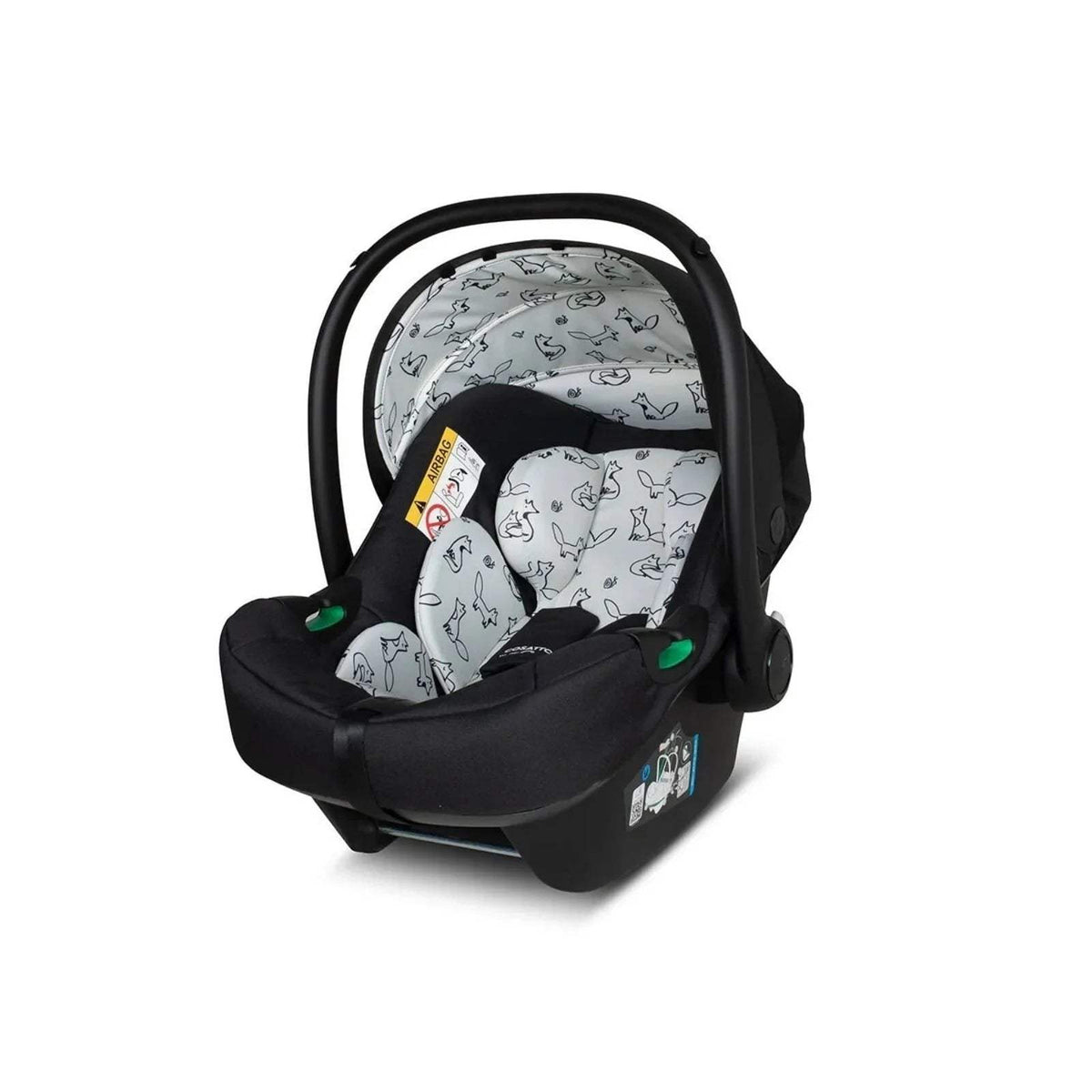 Black infant car seat with light gray patterned insert and harness