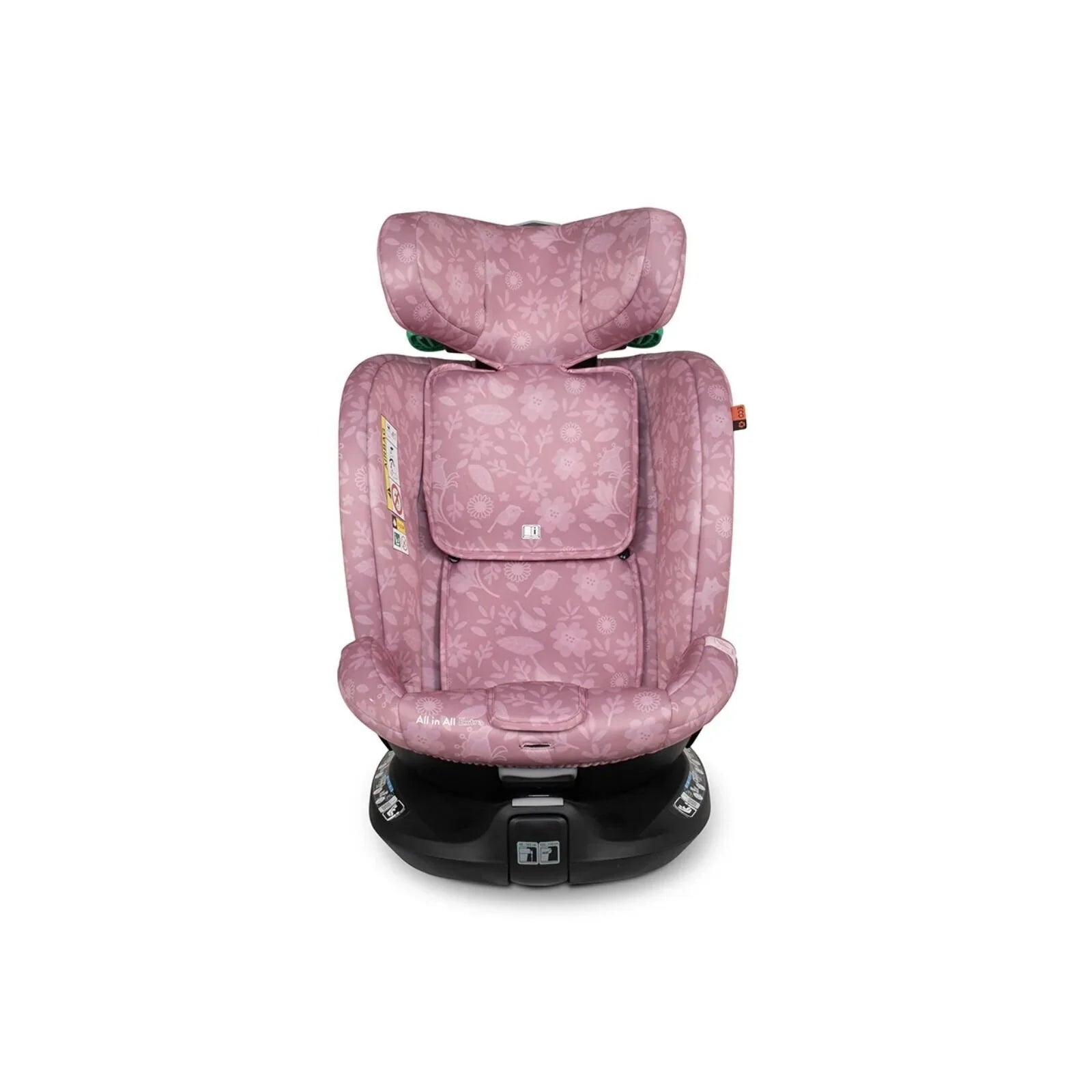 Pink patterned car seat with padded harness and black rotating base, rear view