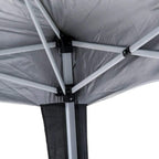 Pop-up gazebo roof frame with dark corner joints and gray canopy underside