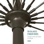Green parasol pole hub with rib support, showing multiple fiberglass ribs