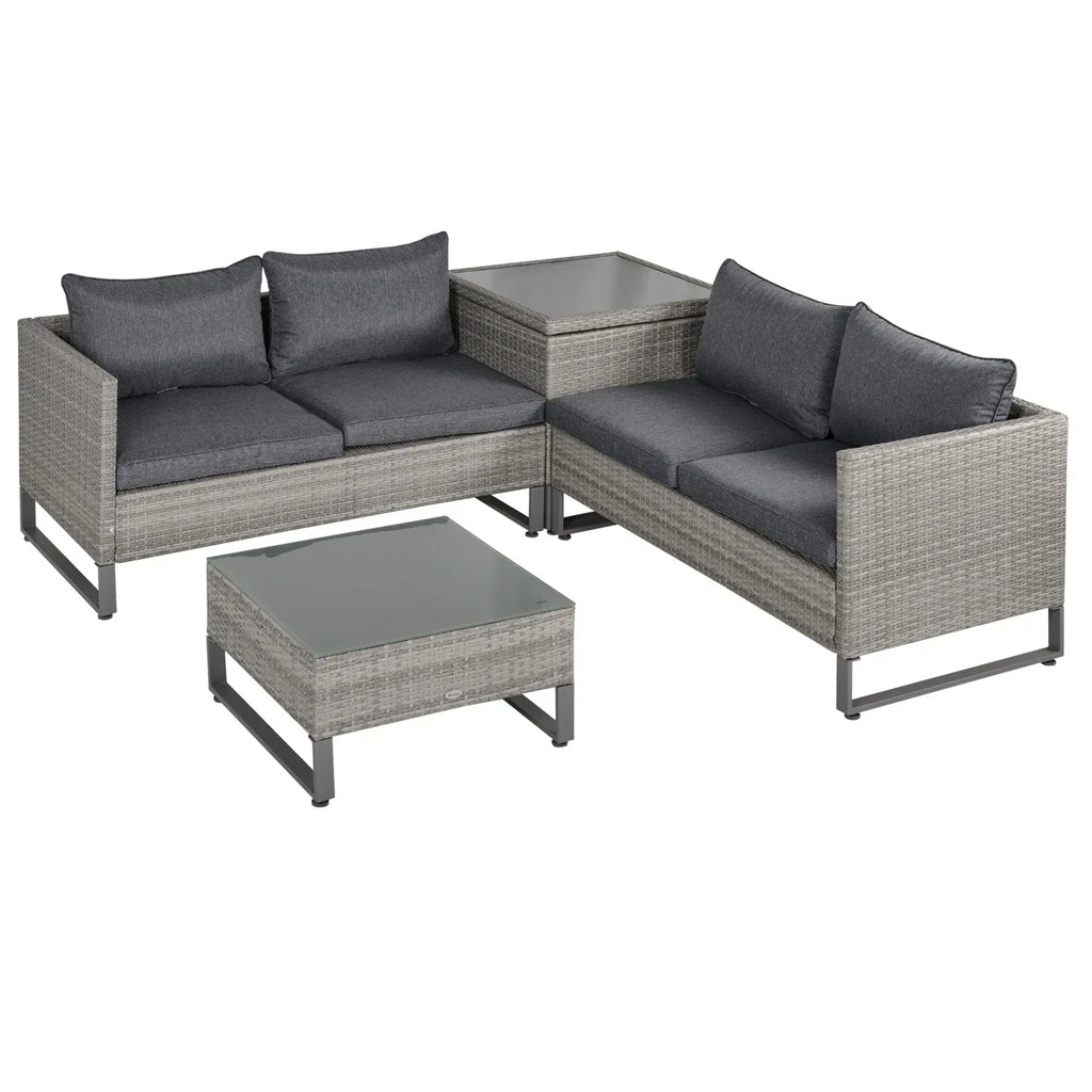 4 Pieces Rattan Garden Furniture Set, 4 Seater Garden Sofa Set with Storage Box, Loveseats and Glass Top Table, Wicker Outdoor Conservatory Furniture with Cushions for Outdoor, Patio, Grey - Bobobiy