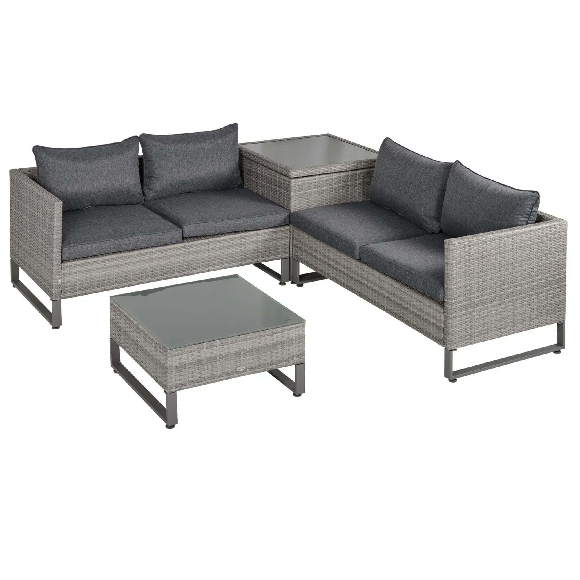 4 Pieces Rattan Garden Furniture Set, 4 Seater Garden Sofa Set with Storage Box, Loveseats and Glass Top Table, Wicker Outdoor Conservatory Furniture with Cushions for Outdoor, Patio, Grey - Bobobiy