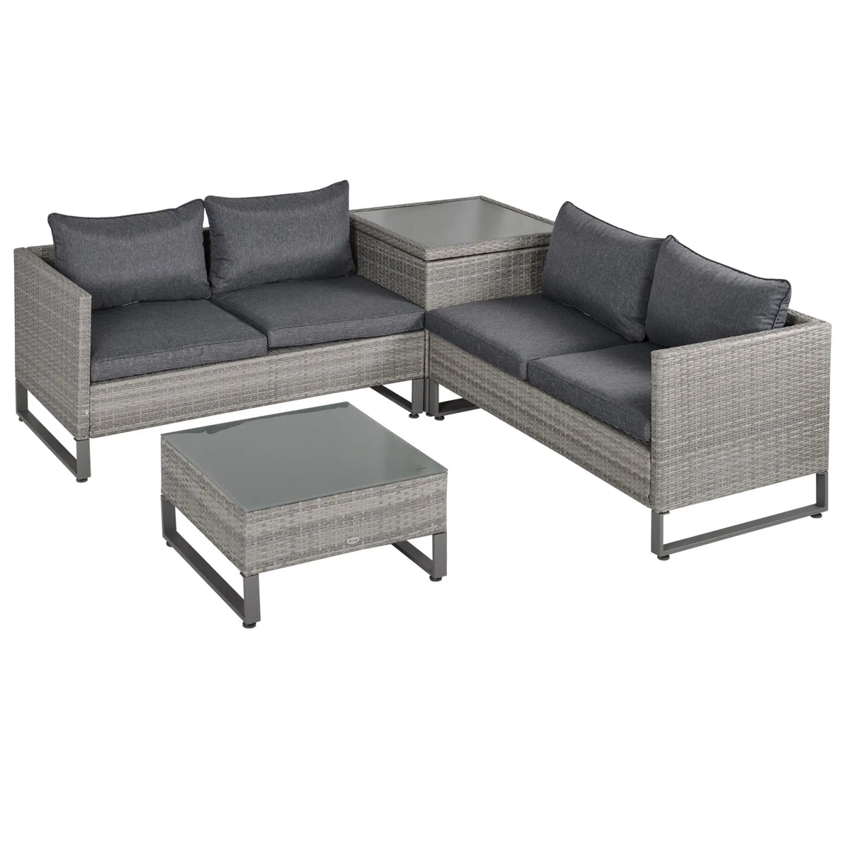 Four-piece grey rattan garden set with two sofas, storage table and coffee table