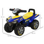 Blue and yellow ride-on quad bike with handlebar, front headlights, wide chunky tires