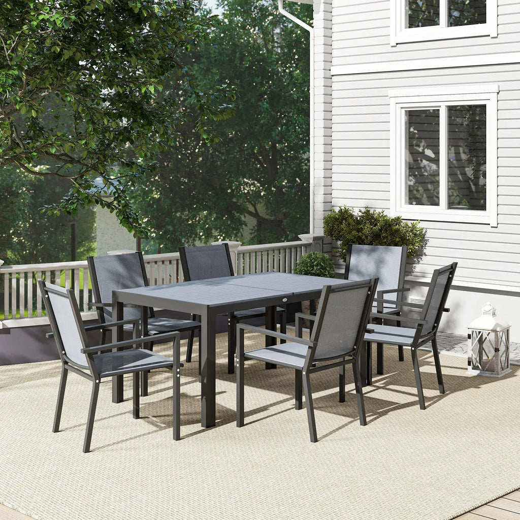 Seven-Piece Garden Dining Set, with Plastic Wood-Top Table - Grey - Bobobiy
