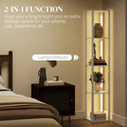 Floor lamp with open shelves, tall light-wood frame with warm light inside