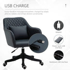 Deep blue PU leather office chair with USB charge interface detail.