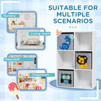 White kids toy storage cabinet with three animal-print fabric drawers in cubby openings