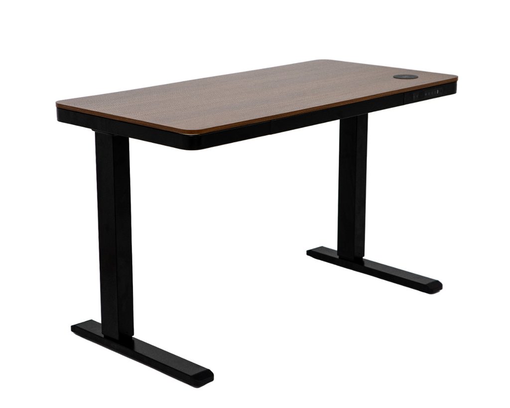 Wooden desk with black metal legs on a white background