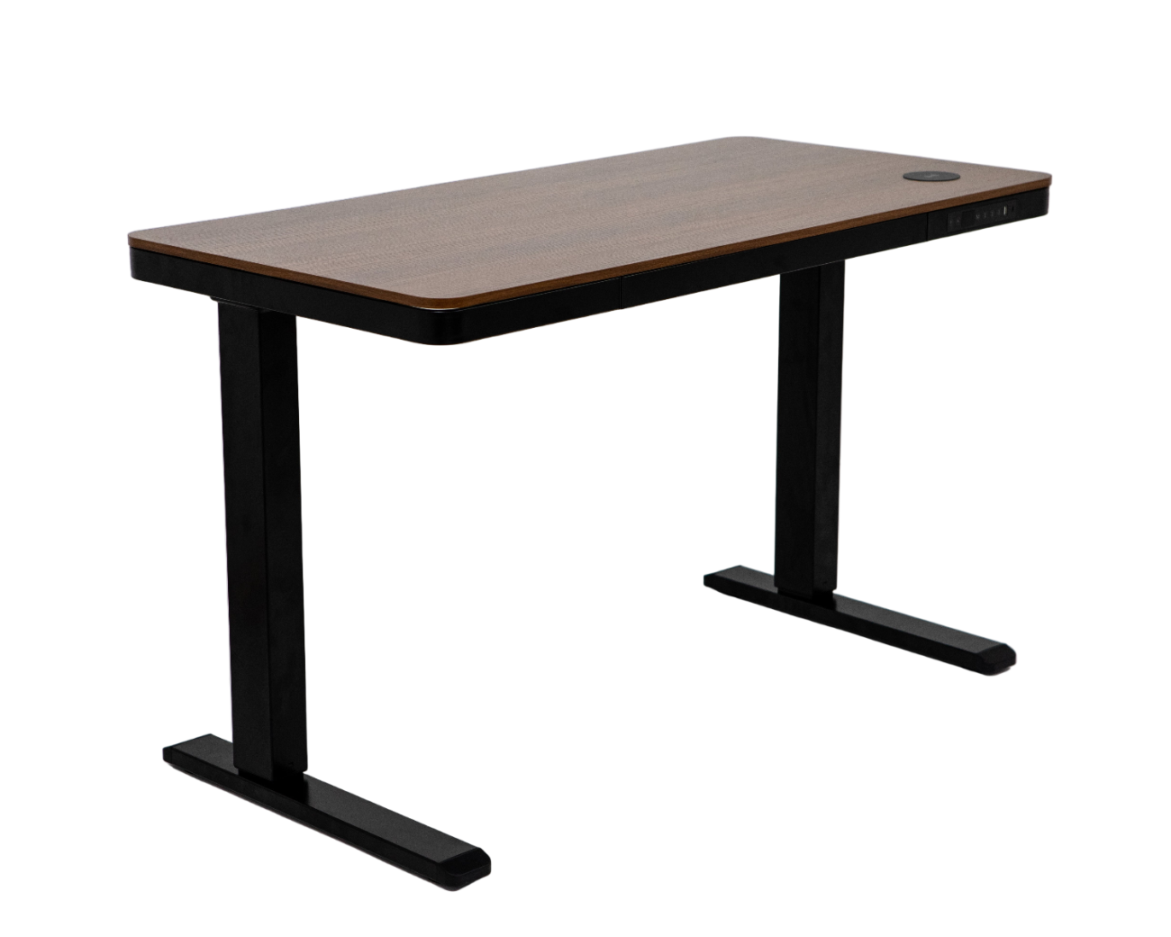 Wooden desk with black metal legs on a white background